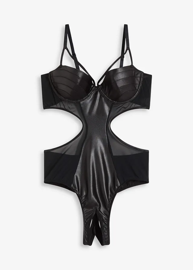 Body tanga ouvert z materiálu s mokrou úpravou • černá • bonprix obchod