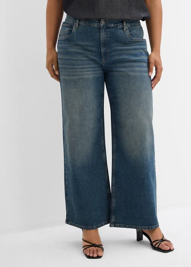 Jean large taille haute, Couleur: bleu clair denim used