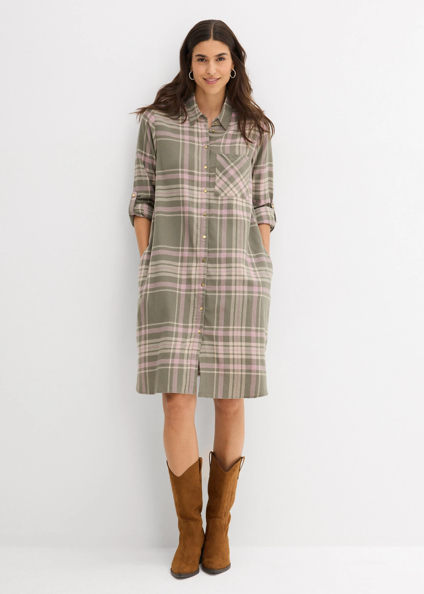 Košilové šaty z čisté bavlny • olivovo-růžovohnědo-bílá kostka • bonprix obchod