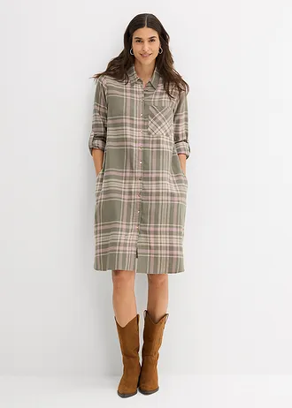 Košilové šaty z čisté bavlny • olivovo-růžovohnědo-bílá kostka • bonprix obchod