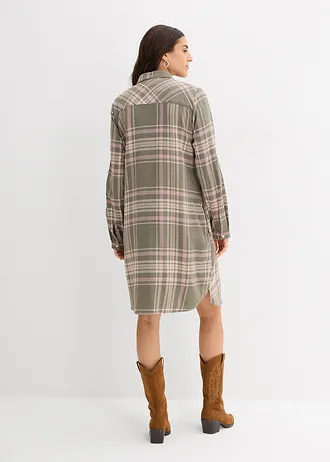 Robe-chemise 100% coton, Couleur: olive/bois de rose/blanc carreaux