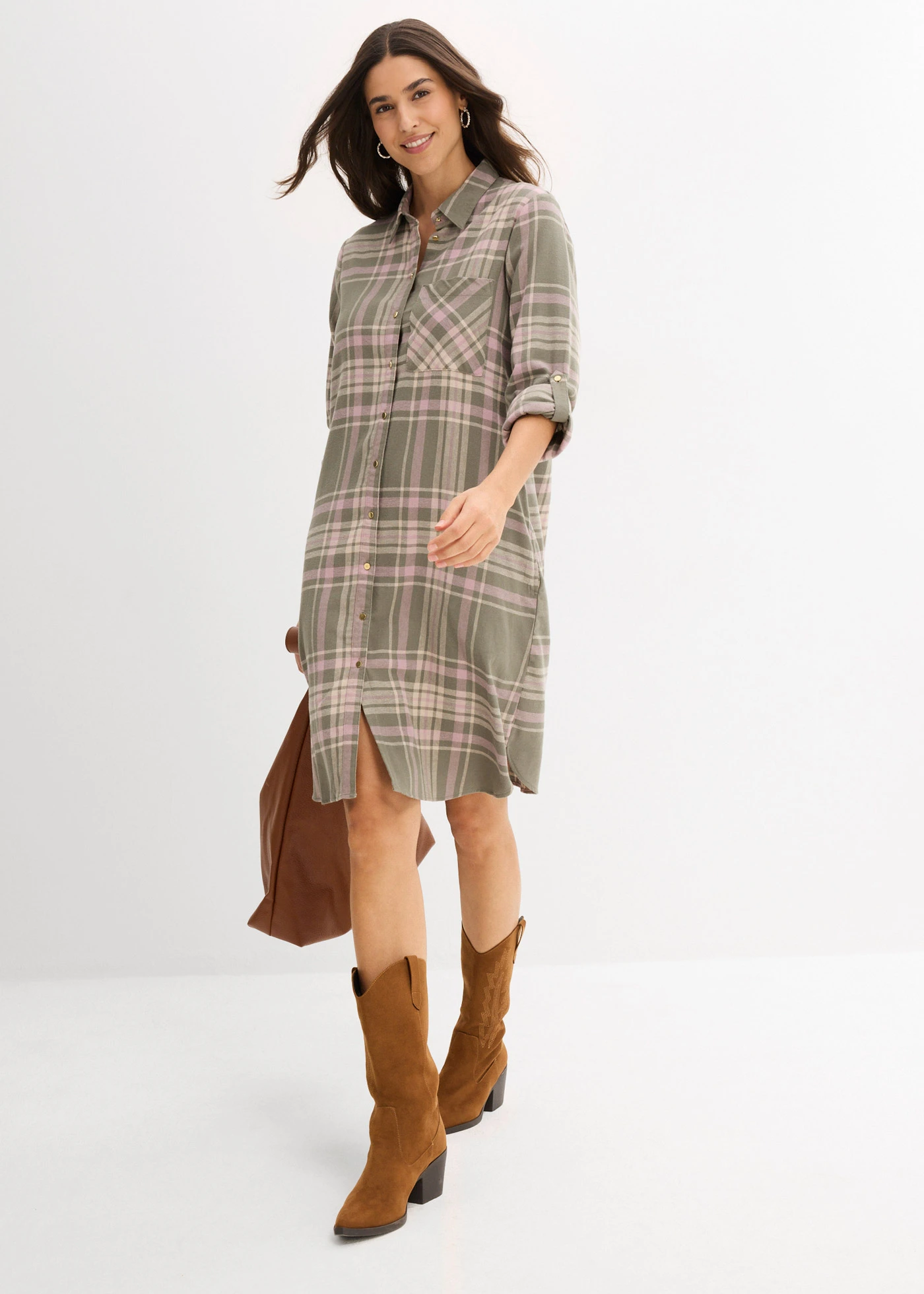 Košilové šaty z čisté bavlny • olivovo-růžovohnědo-bílá kostka • bonprix obchod