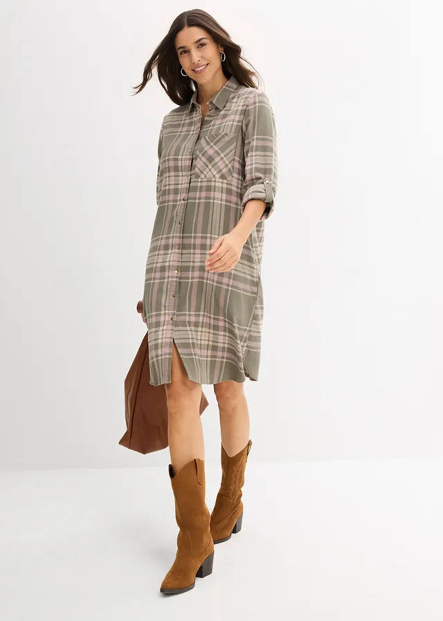 Košilové šaty z čisté bavlny olivovo-růžovohnědo-bílá kostka