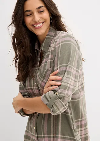 Košilové šaty z čisté bavlny • olivovo-růžovohnědo-bílá kostka • bonprix obchod