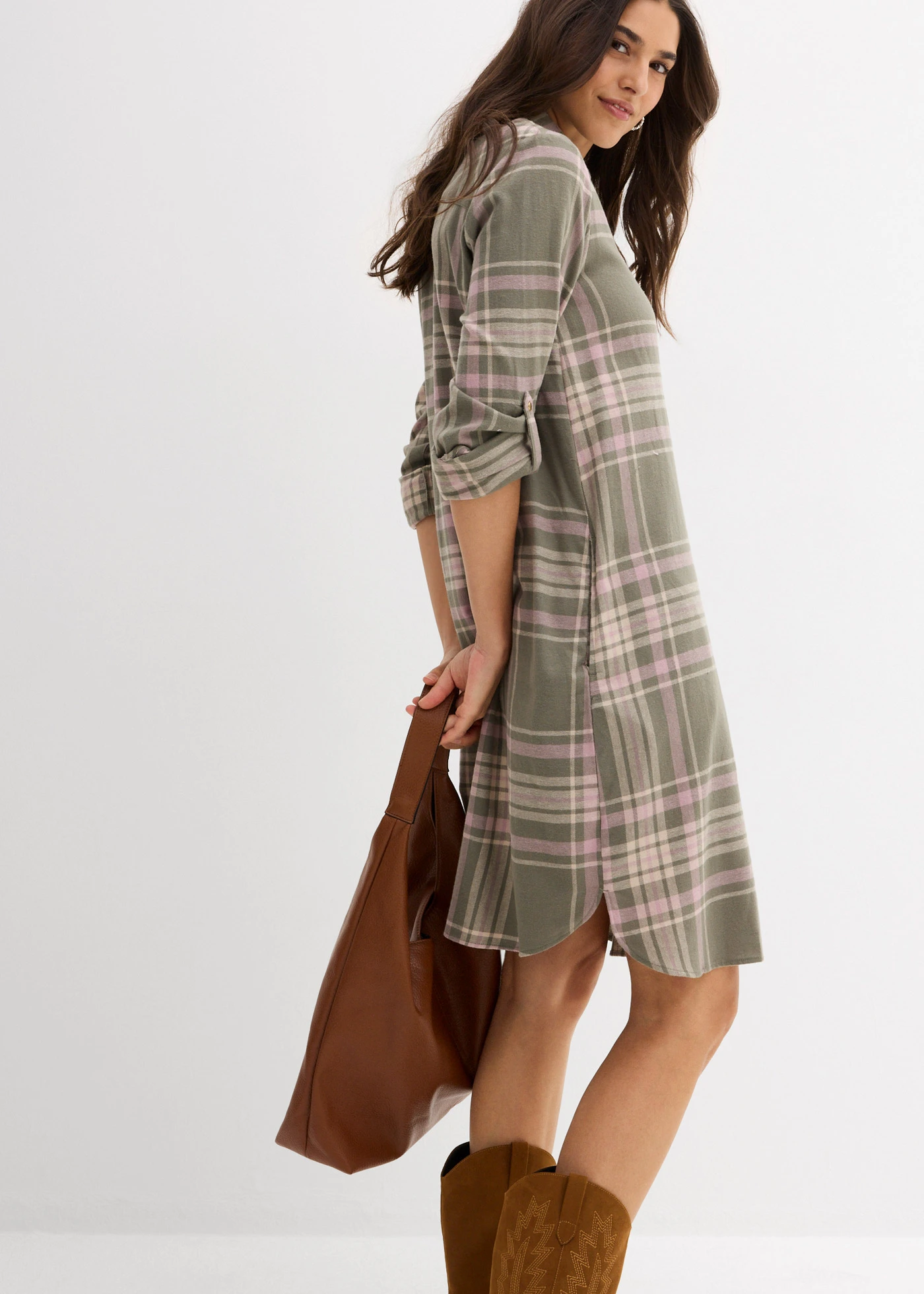 Košilové šaty z čisté bavlny • olivovo-růžovohnědo-bílá kostka • bonprix obchod