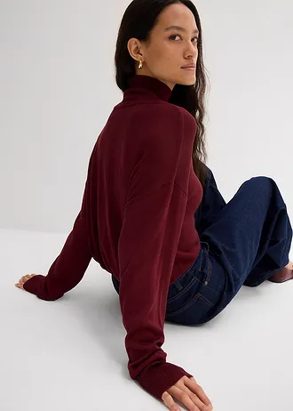 Lehký svetr z jemné pleteniny, s širokým rolákovým límcem, z viskózové směsi • javorově červená • bonprix obchod