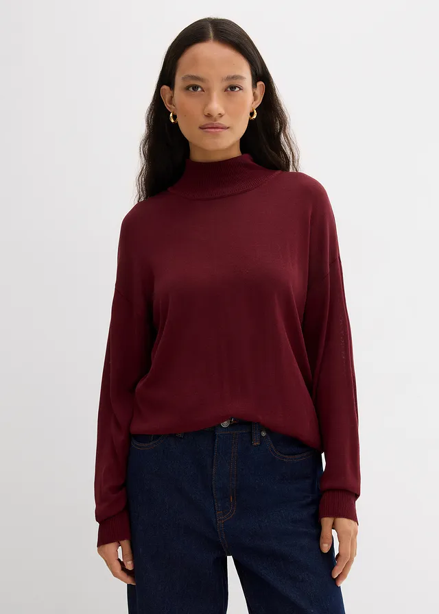 Pull léger en fine maille de viscose majoritaire à large col cheminée, Couleur: rouge érable