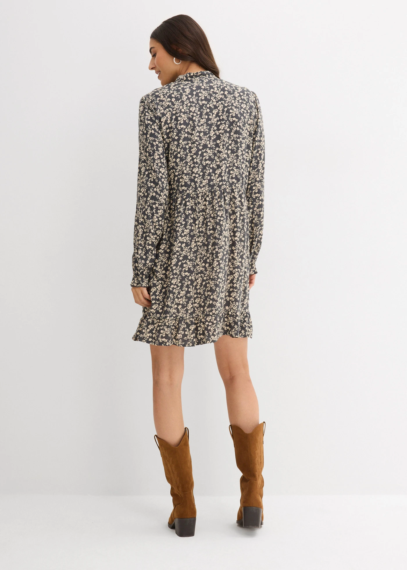 Robe courte en viscose fluide • anthracite-beige galet floral • Boutique bonprix