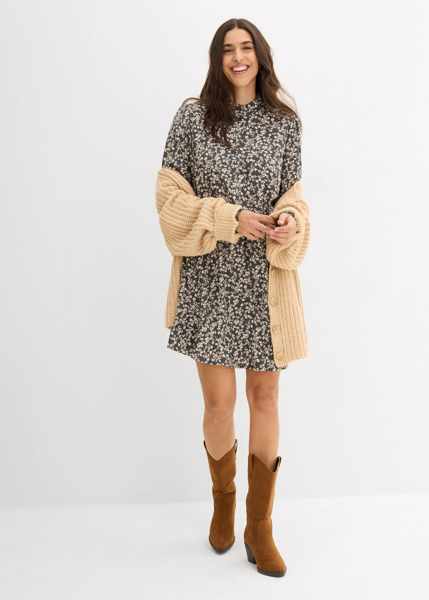 Robe courte en viscose fluide • anthracite-beige galet floral • Boutique bonprix