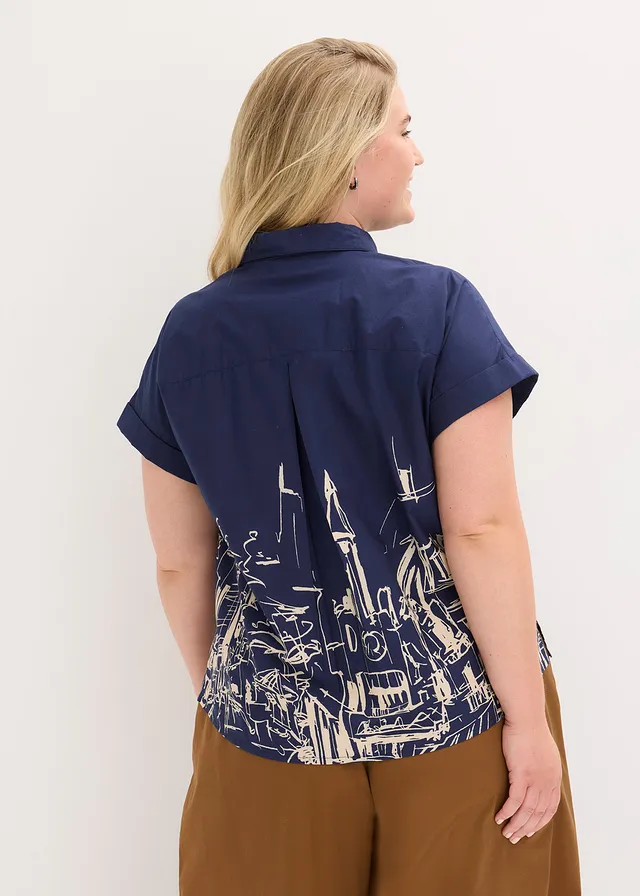 Chemisier manches courtes oversize en popeline de coton, Couleur: bleu foncé-écru graphique