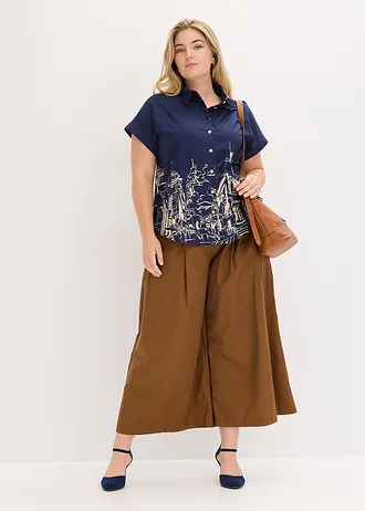 Popelínová oversize halenka s krátkým rukávem, z bavlny, barva: tmavě modro-přírodní s grafickým vzorem