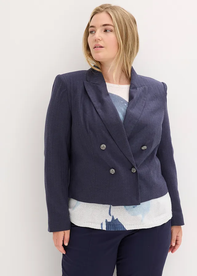 Korte gestructureerde blazer, Kleur: donkerblauw gemêleerd