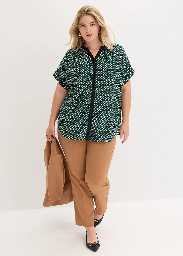 Oversized blouse van soepel chiffon, Kleur: bosgroen-zwart grafische print