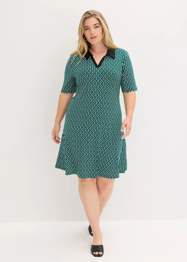 Robe polo midi, Couleur: vert forêt/noir graphique