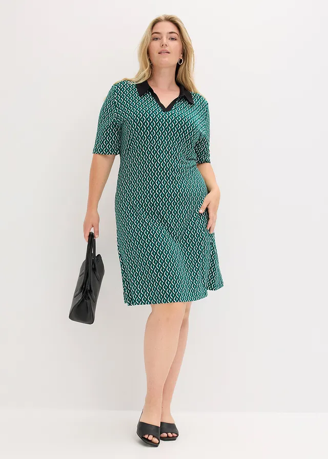 Robe polo midi, Couleur: vert forêt/noir graphique