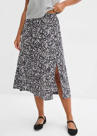 Midi sukně z viskózy, barva: černá -bílá-šedá s květy