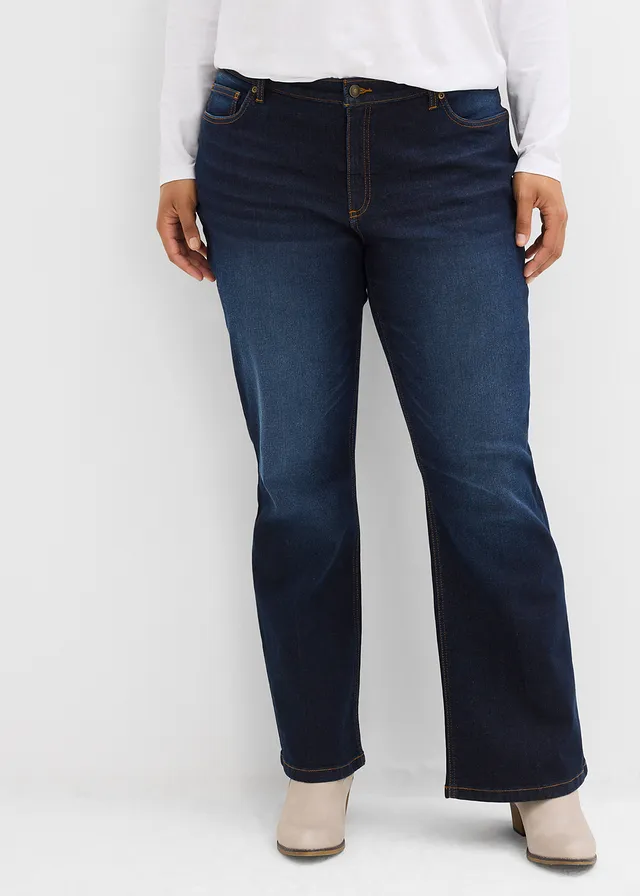 Jean bootcut, taille mi-haute, Couleur: denim bleu foncé used