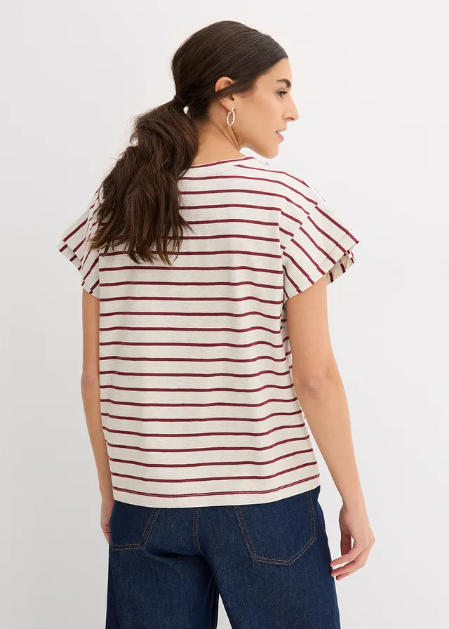 T-shirt rayé à manches volantées, Couleur: naturel/bordeaux rayé