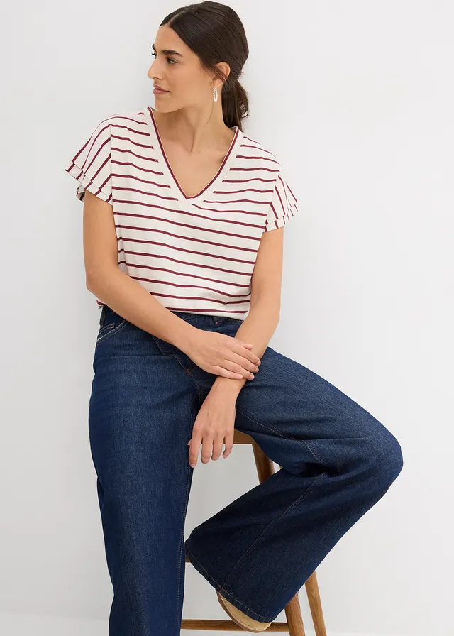 Gestreepte shirt met volantmouwen • ecru-bordeaux gestreept • product-page.page-title-suffix