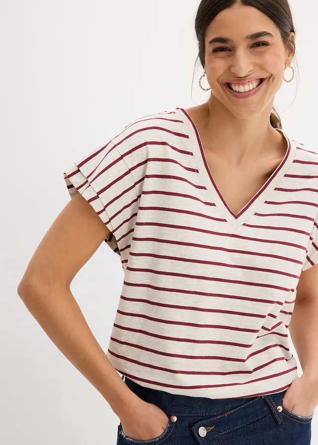 T-shirt rayé à manches volantées, Couleur: naturel/bordeaux rayé