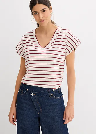 Proužkované tričko s volánovými rukávy • přírodní-bordó s proužky • bonprix obchod