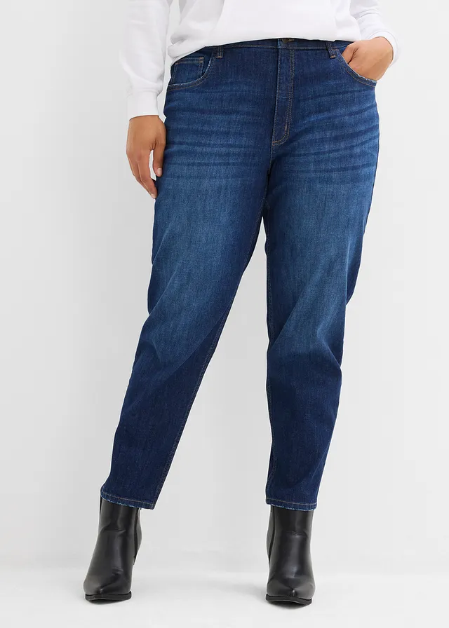 High waist mom jeans, cropped, Kleur: donkerblauw denim