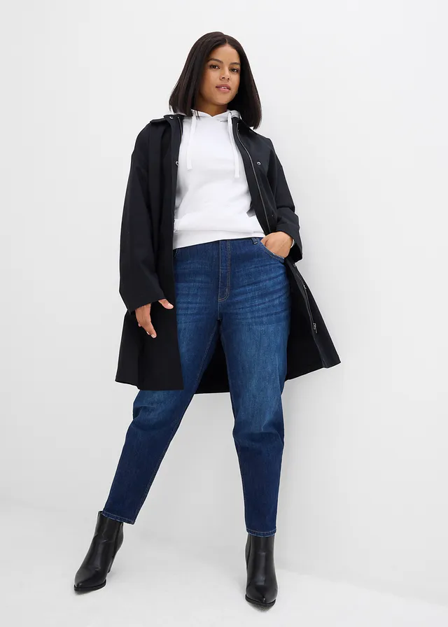 Jean mom taille haute, cropped, Couleur: bleu foncé denim