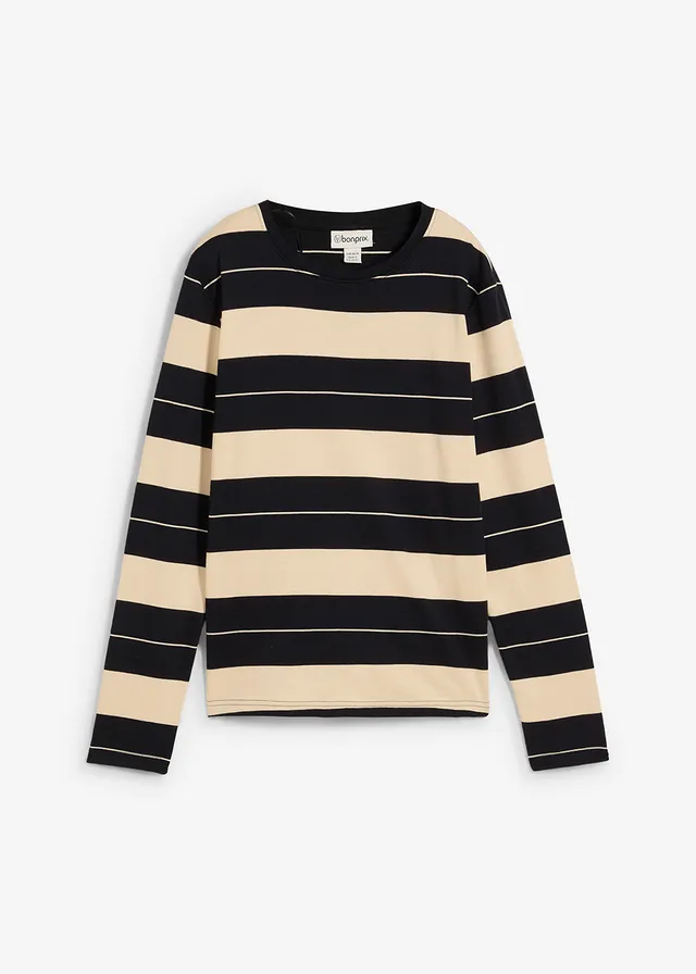 Longsleeve van zwaar katoen, Kleur: zwart-beige gestreept