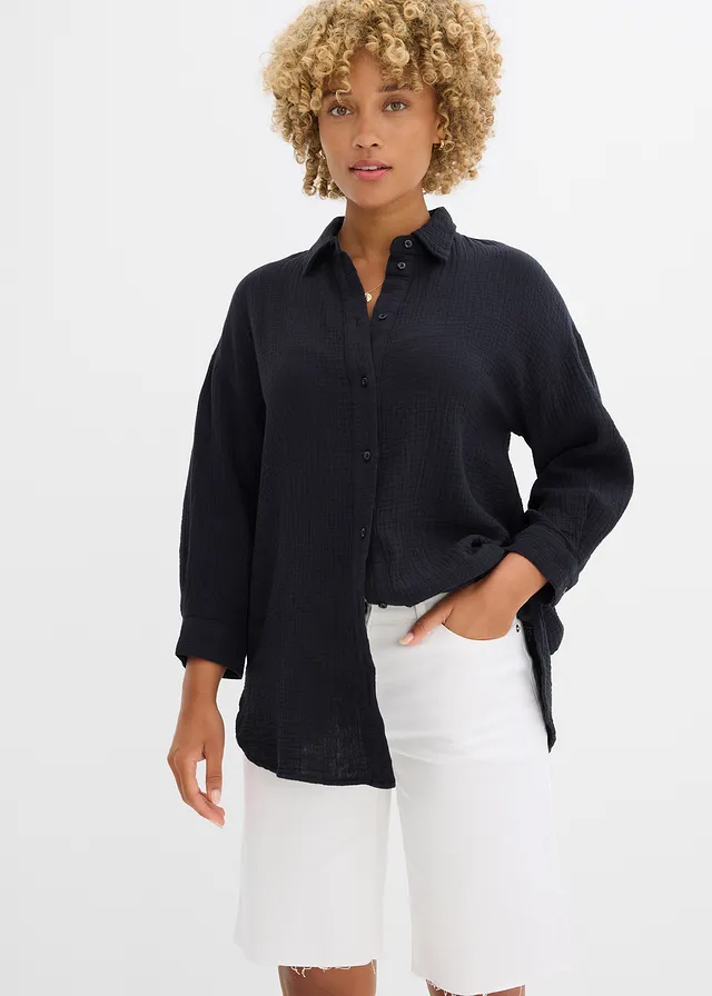 Mousseline overhemdblouse van puur katoen • zwart • bonprix online shop