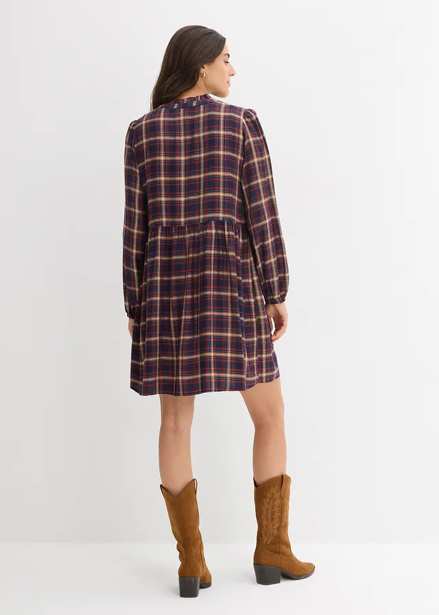 Robe courte en viscose douce, Couleur: bleu foncé-bleu moyen-crème-rouille-écru carreaux