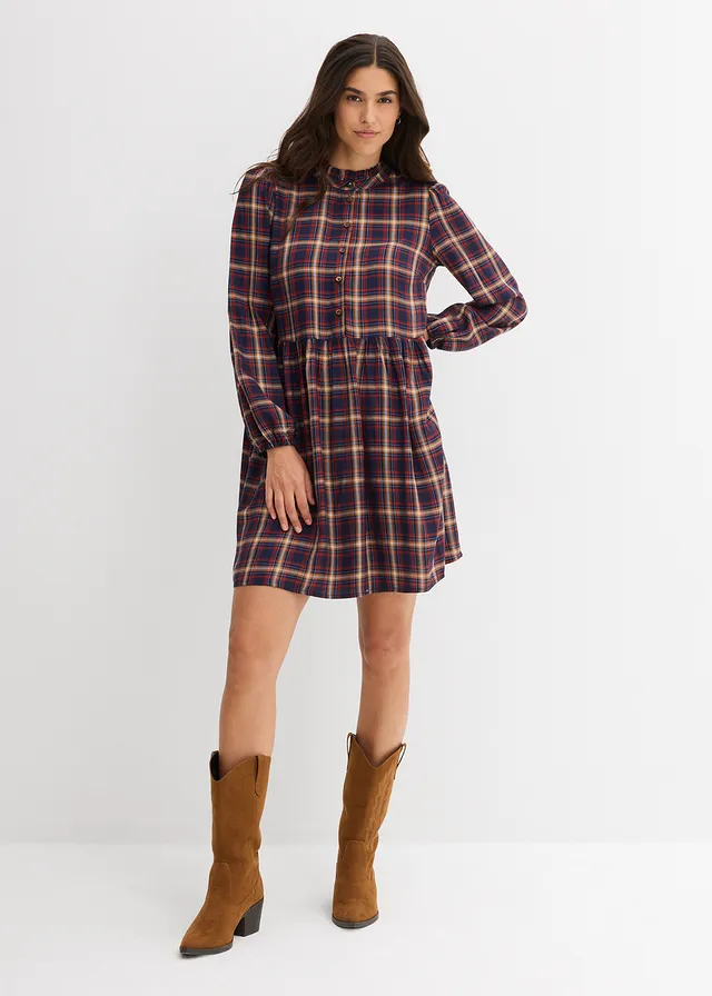 Robe courte en viscose douce, Couleur: bleu foncé-bleu moyen-crème-rouille-écru carreaux