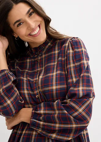 Mini ruha puha viszkózból • sötétkék-középkék-krémbézs-rozsdabarna-gyapjúfehér kockás • bonprix áruház