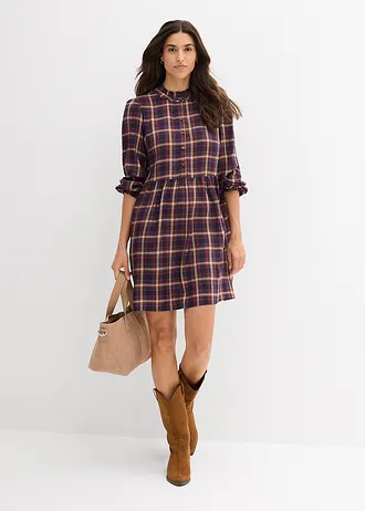 Minišaty z měkké viskózy, barva: tmavě modro-středně modro-krémově béžovo-rezavě hnědo-přírodní bílá kostkovaná