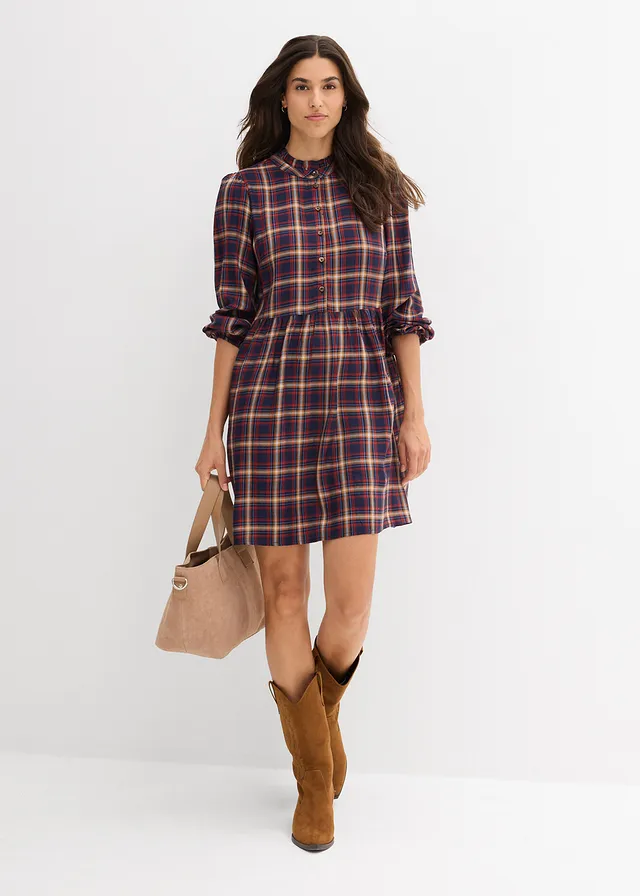 Robe courte en viscose douce, Couleur: bleu foncé-bleu moyen-crème-rouille-écru carreaux