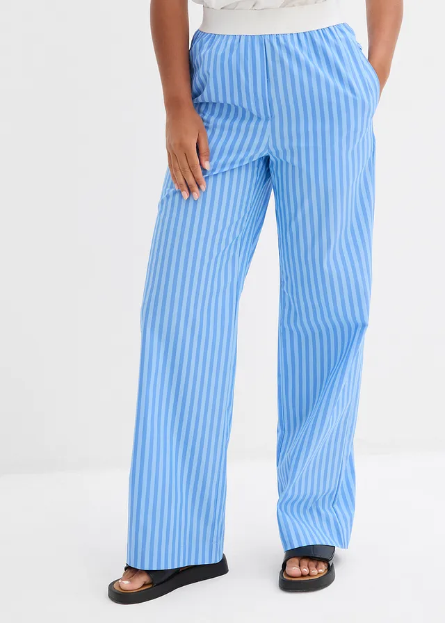 Pantalon palazzo en popeline, Couleur: bleu glacier/bleu layette rayé verticalement