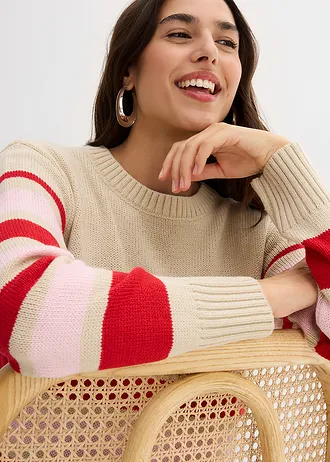 Finom kötésű pulóver • világos homok/mélypiros/púder rózsaszín csíkos • bonprix áruház