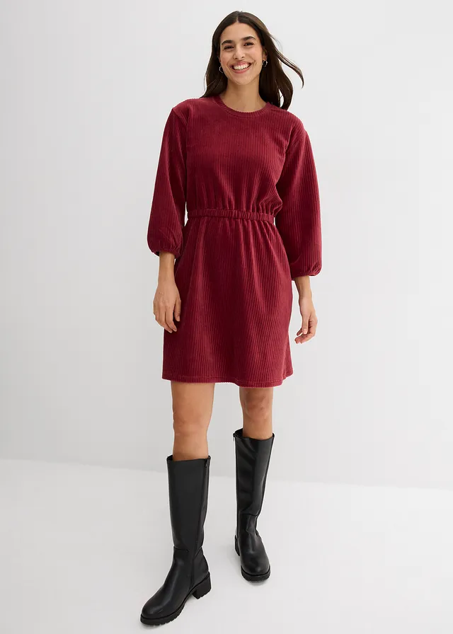 Robe en velours côtelé extensible, Couleur: rouge rubis