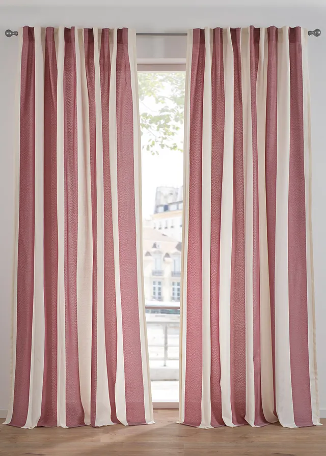Gestreept gordijn met gerecycled polyester, ook verkrijgbaar in extra lang (1 stuk) • donkerrood-wit • bonprix online shop