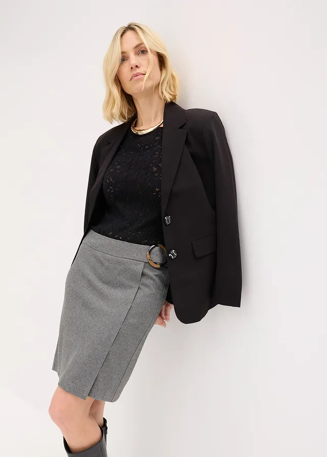 Sukně se zavinovacím vzhledem a vzorem rybí kosti šedý melír