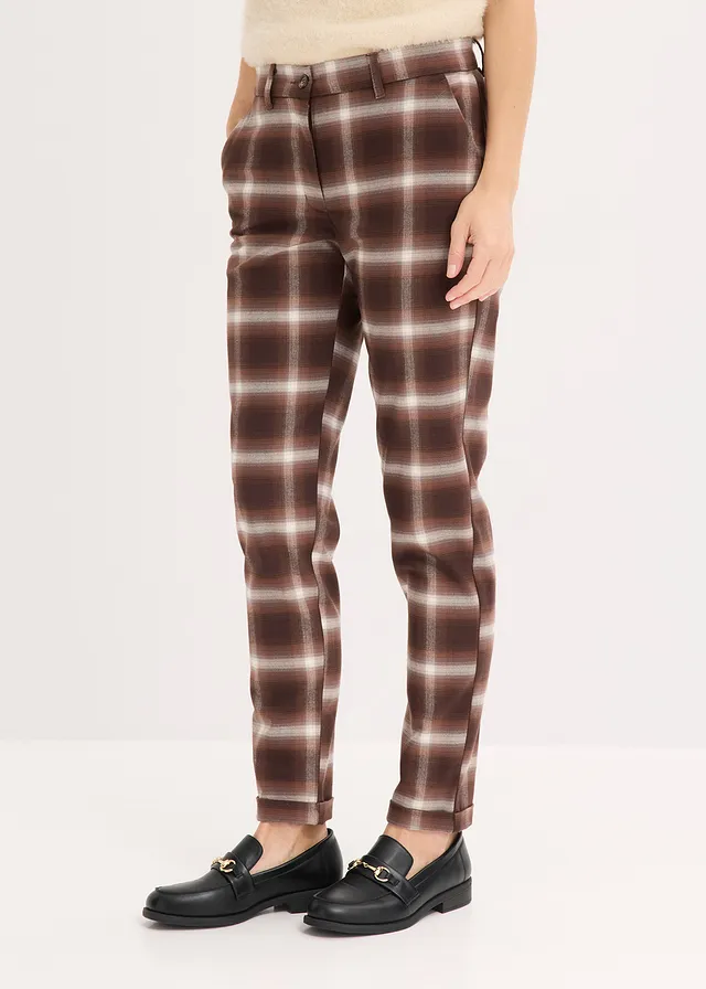 Pantalon à revers imprimé carreaux, Couleur: marron foncé-marron clair-marron moyen-ivoire carreaux