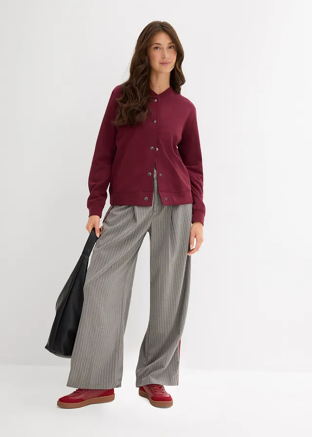 Pantaloni cu pense cu dungi în contrast din material cu viscoză • gri închis melanj • magazin bonprix