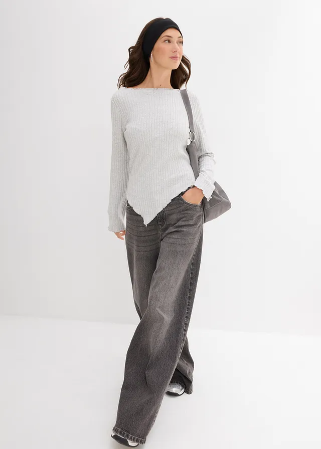 Geribd shirt in een zachte viscosemix lichtgrijs gemêleerd