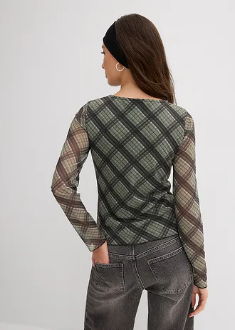 Longsleeve van fijne mesh, Kleur: olijfgroen geruit