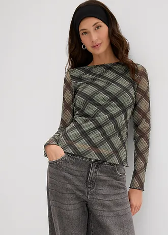 Longsleeve van fijne mesh, Kleur: olijfgroen geruit