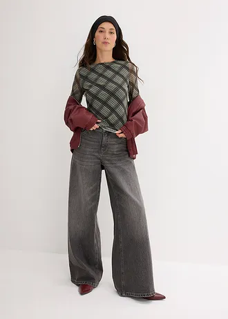 Longsleeve van fijne mesh, Kleur: olijfgroen geruit