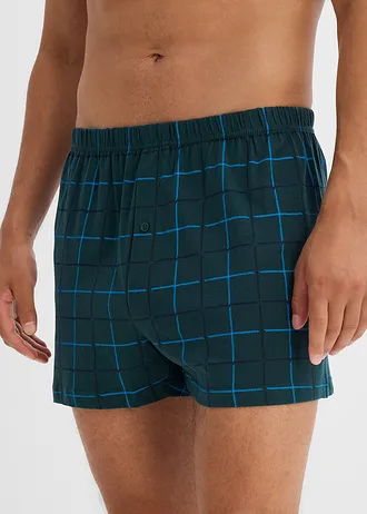Luźniejsze bokserki z miękkiego bawełnianego dżerseju (3 pary) • głęboki zielony w kratę+ciemnoniebieski • sklep bonprix