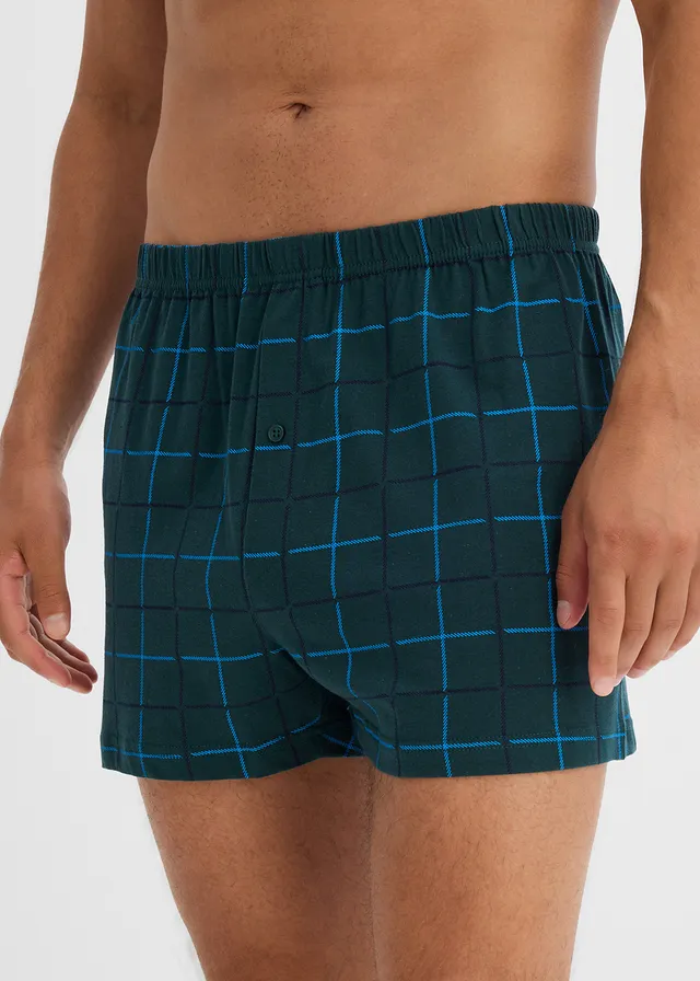 Lot de 3 caleçons en jersey coton doux, Couleur: vert profond carreaux + bleu foncé