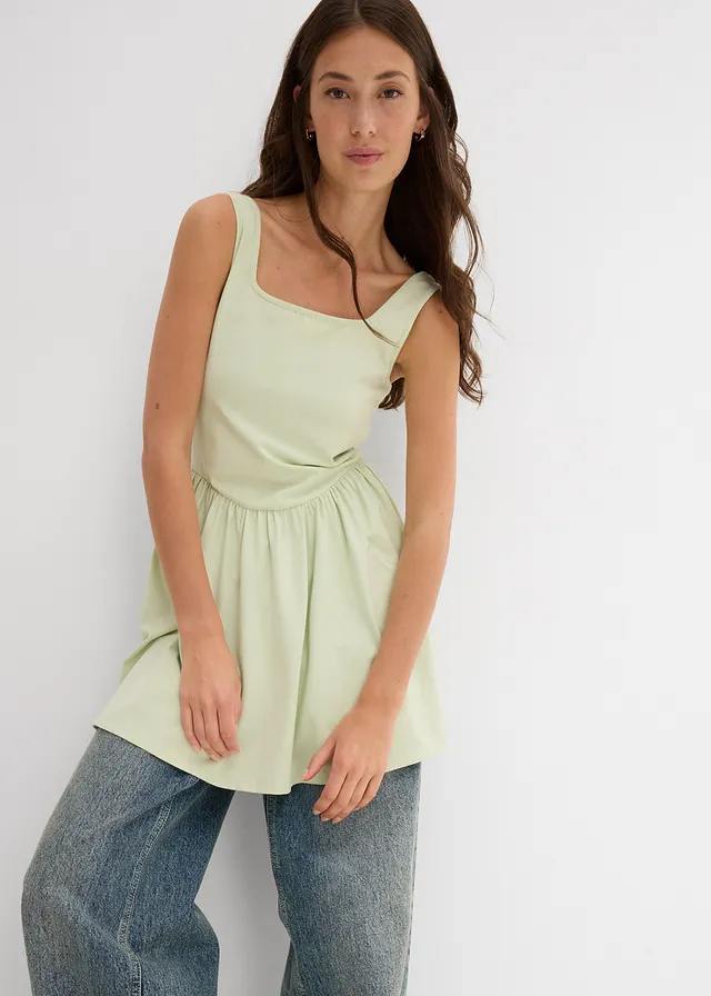 Top long en coton extensible, Couleur: sauge clair