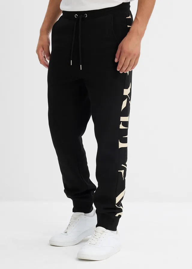 Pantalon de jogging avec empiècement, 100% coton, Couleur: noir + sable clair