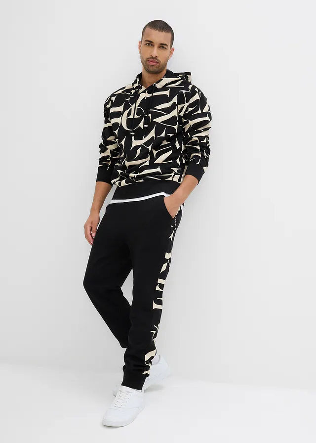 Pantalon de jogging avec empiècement, 100% coton, Couleur: noir + sable clair